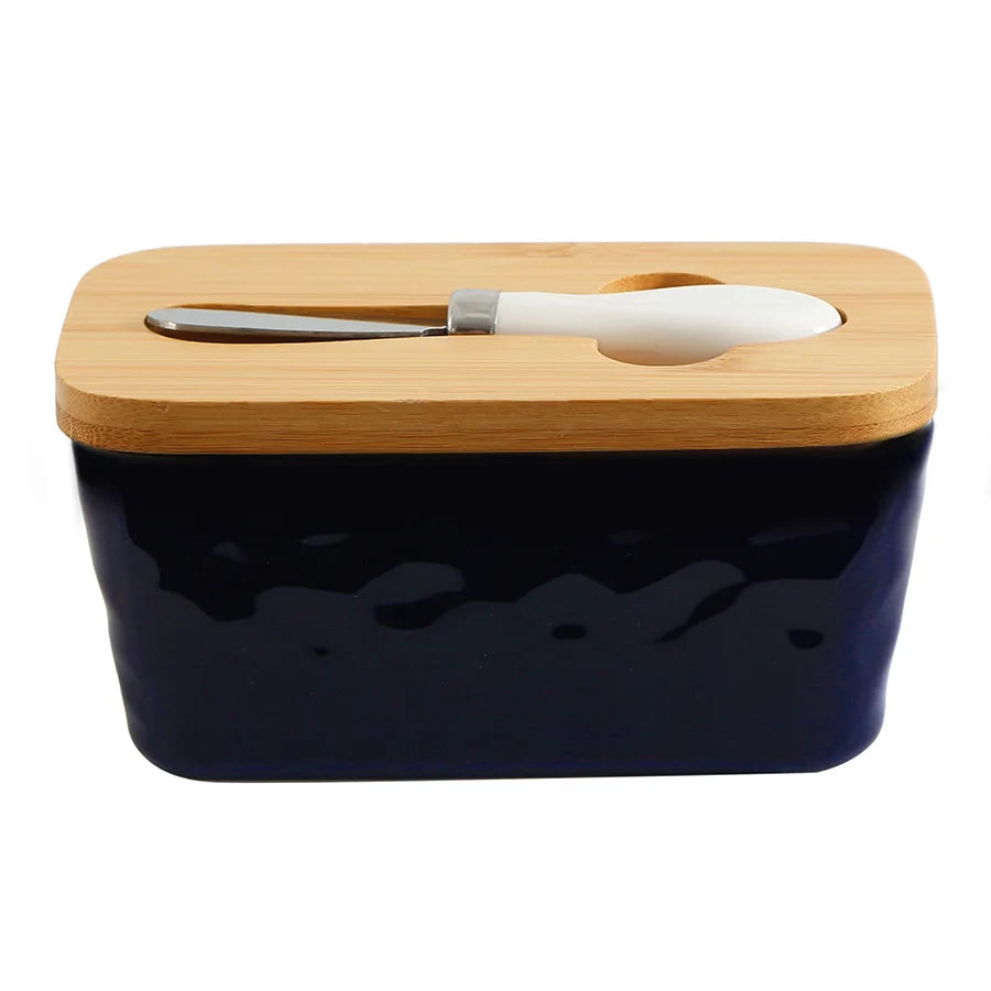 Lanfengye Ceramic Butter Dish with Bamboo Lid And Knife Butter Keeper Container For Customize