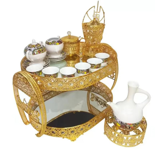 Large Golden Silver Plated Eritrean Ethiopian Rekebot Coffee Serving Tray Table Set cup coffee cups