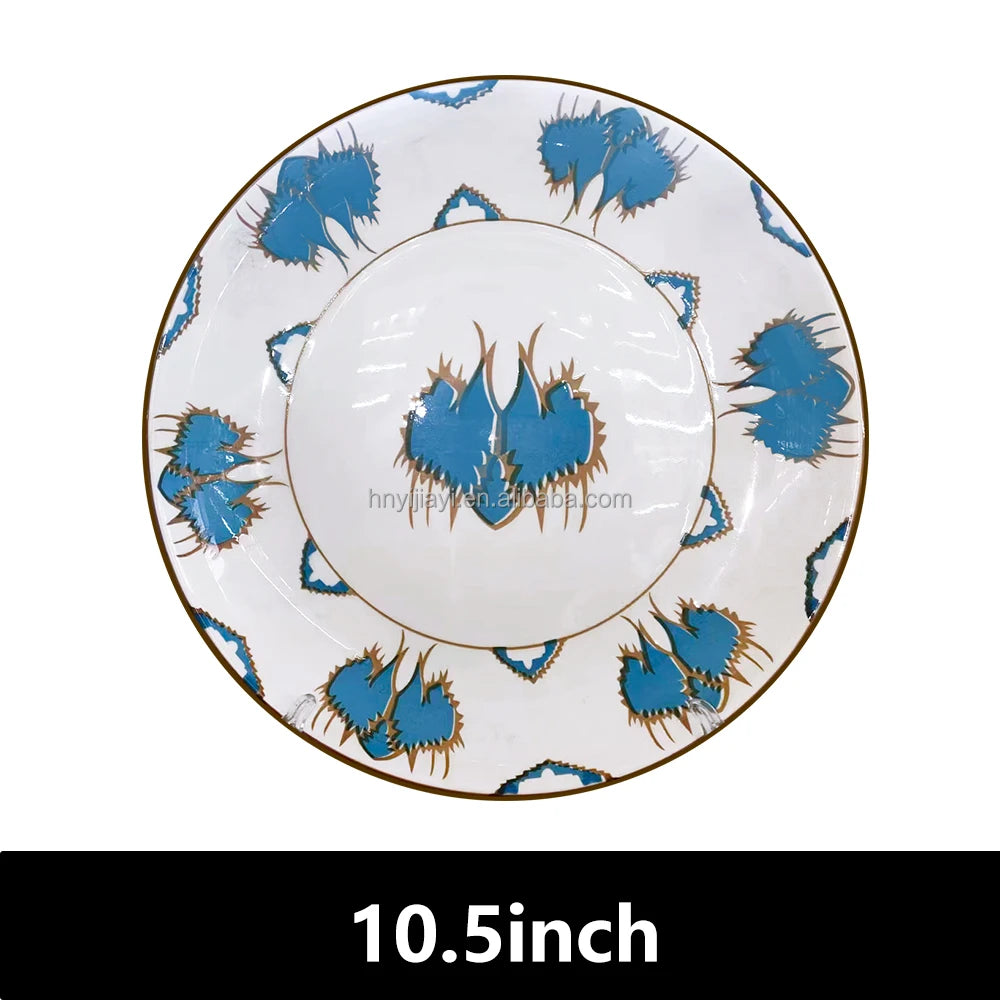 JIUWANG vintage ceramic porcelain  flower flatware 12inch 10inch 8inch blue fine bone china dinner plates for 12 people