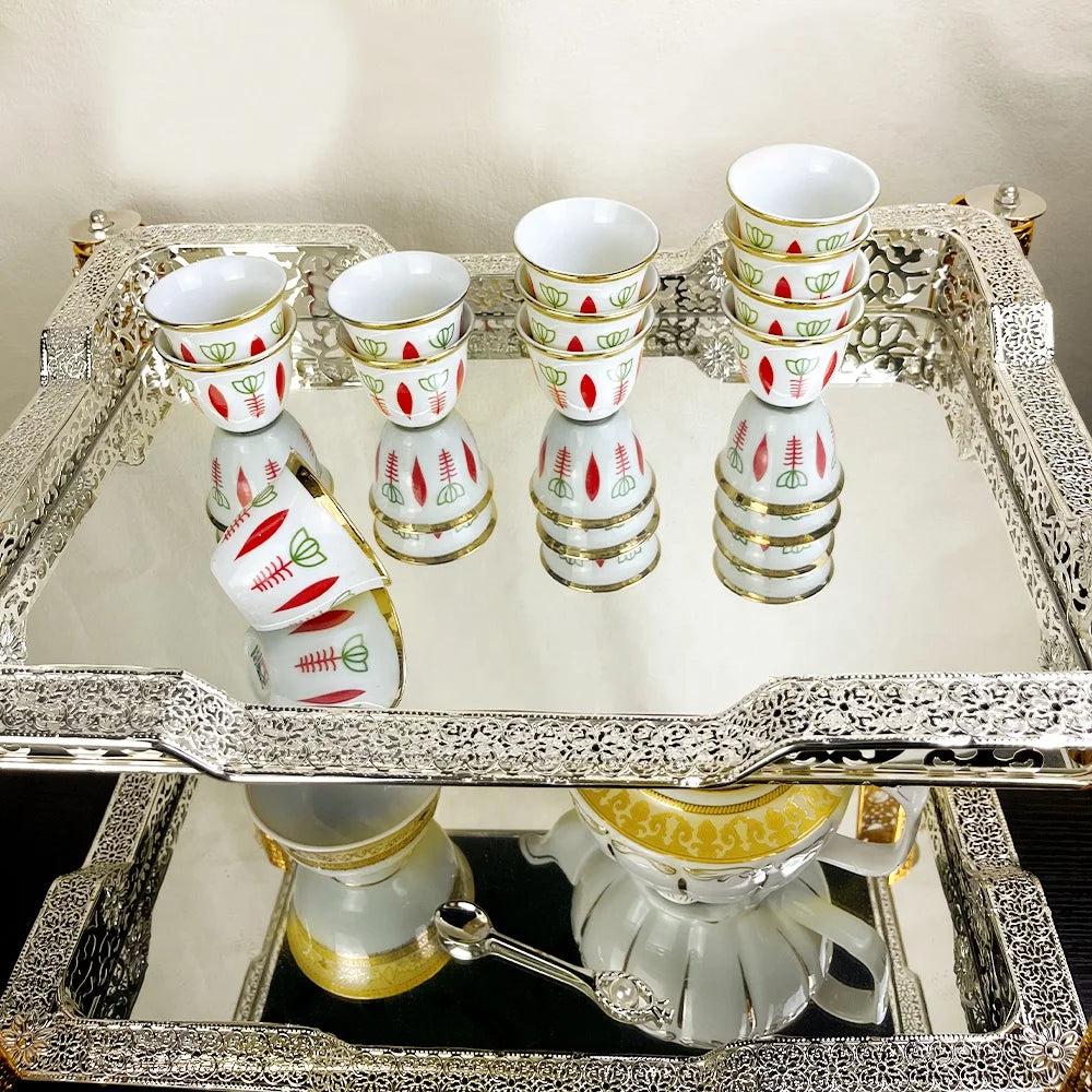 Customized PORCELAIN Arabic logo ethiopian ceramic  muslim tea and cawa modern CUP SET 12 PCS IN THE BOX