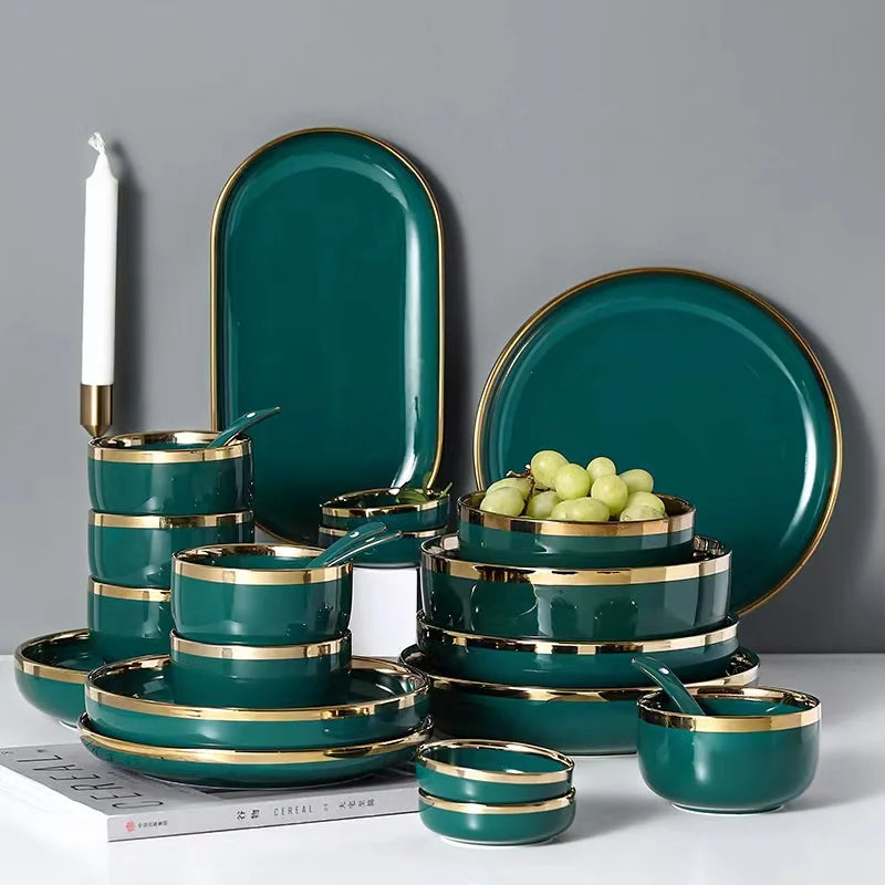 ins Luxury Phnom Penh Ceramic Dishes And Plates Tableware Emerald Green Home Dinner Steak Plate Set