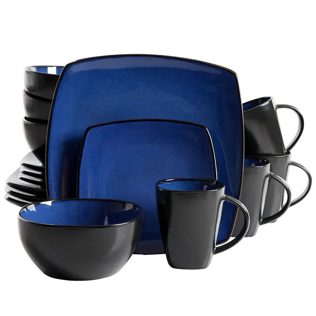 Dinner Set Red Blue Black Solid Two Stone Color Glazed Stoneware Ceramic Crockery Dinnerware