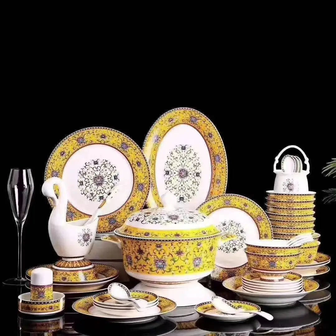 Best Sell Jingdezhen 86Pieces Western Style Golden Mosaic Bone China Tableware Set luxury plates