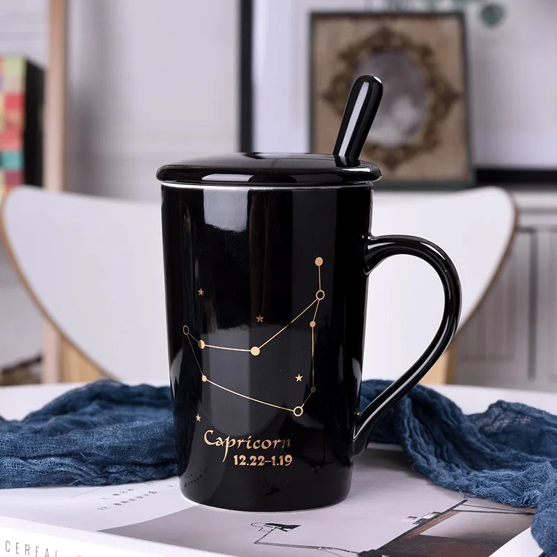 Glitter Constellation Ceramic Mug With Gold Handle Zodiac Coffee Mug with lid and spoon