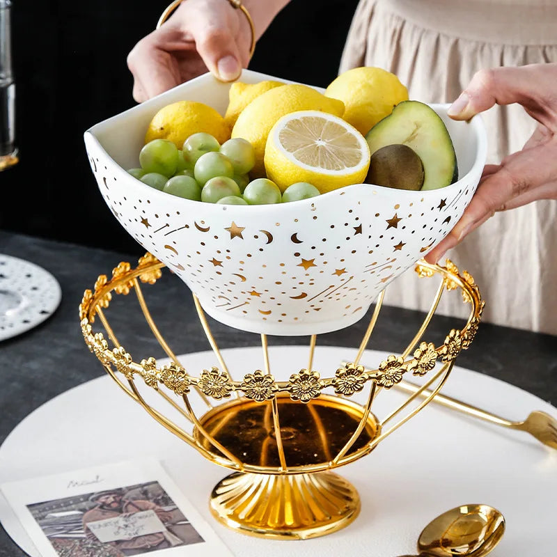 Northern European Marble Pattern Black Ceramic Fruit Salad Bowl With Gold iron frame Tableware Fruit Snack Plate