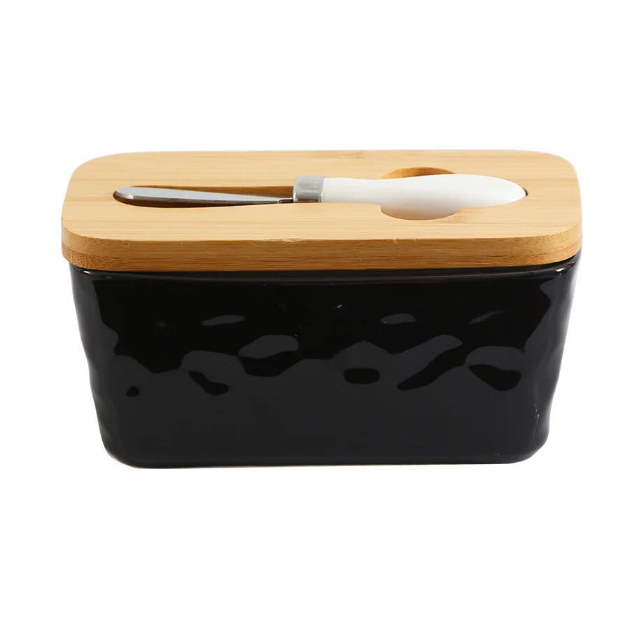 Large Butter Dish with Bamboo Lid Ceramic Butter Keep Container with Knife and Double Silicone Sealing Porcelain Butter Box