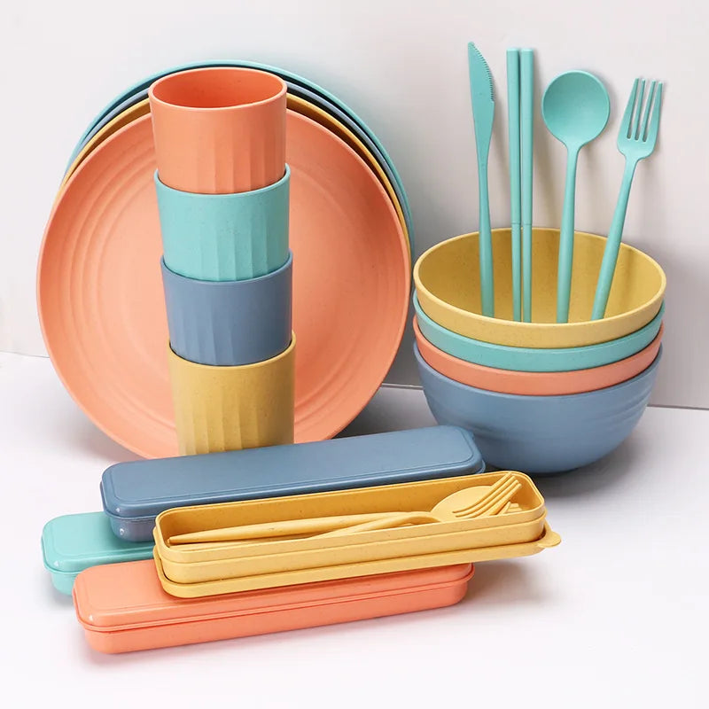 Wholesale Wheat Straw Kids Dinner Setwheat bowl Tableware Degradable Plates Cup Tableware Set Wheat Straw Cutlery Dinnerware Set