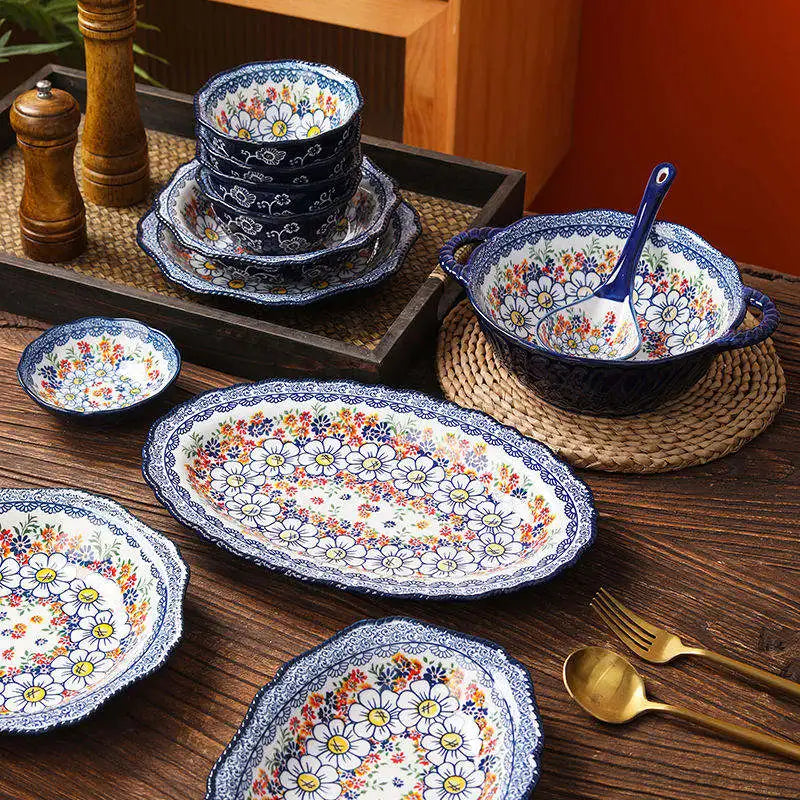 Top selling products 2023 retro style design ceramic dishes & plates porcelain bowls tableware plates sets dinnerware