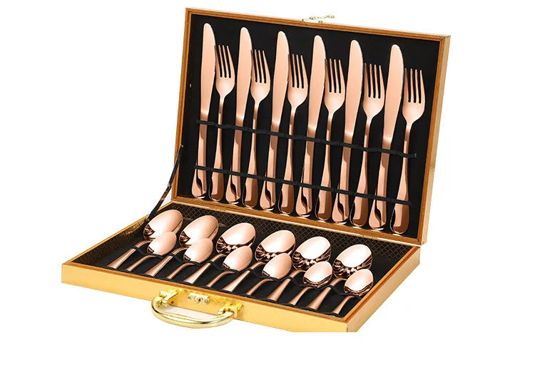 24 Piece stainless steel cutlery golden silverware flatware spoon and fork set for wedding