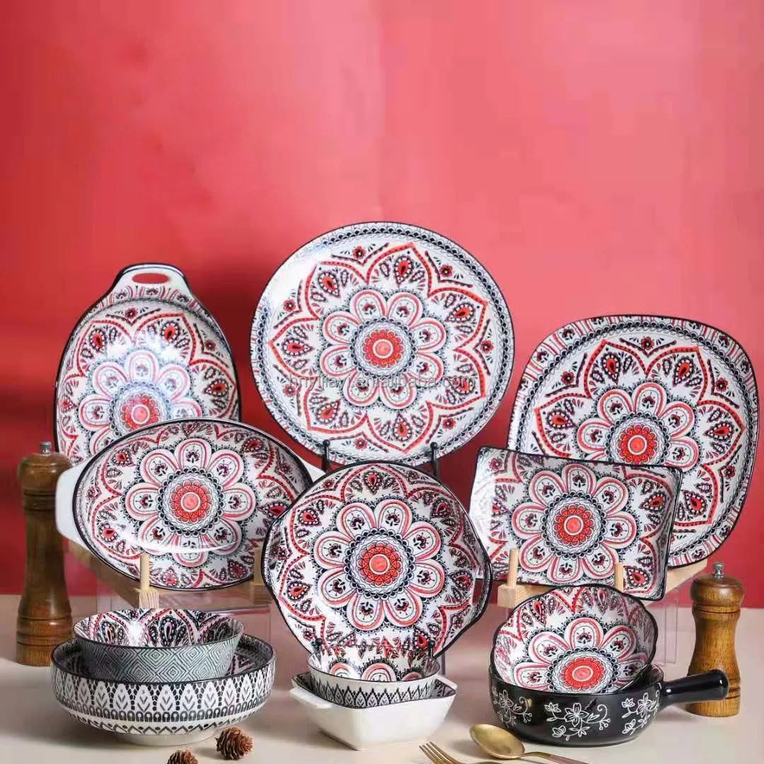 Ceramic Factory Wholesale Moroccan Flower bohemian style Ceramic charger plates Tableware Set for restaurant