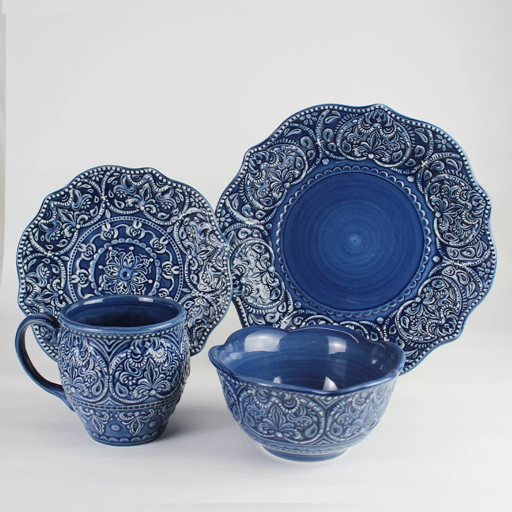 Factory direct blue relief luxury dishes & plates ceramic dinner ware ceramic bowl mugs cups dinner set dinnerware set