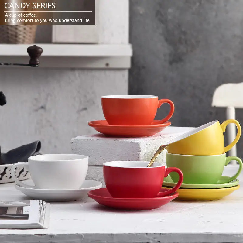 Wholesale Multiple Color Optional Matte 300cc European Porcelain Coffee Cup Ceramic Milk Cup With Saucer Set Cappuccino Mug