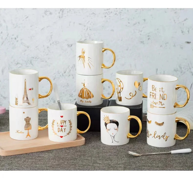 Wholesale Gold handle Ceramic mug promotion sublimation mug with gold handle 11 oz hand decal ceramic mug advertising