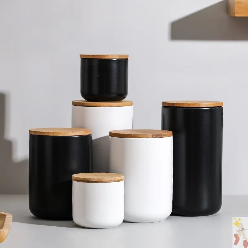 Most popular big capacity matt black glazed stoneware Food Kitchen Storage Containers ceramic jars with bamboo lid