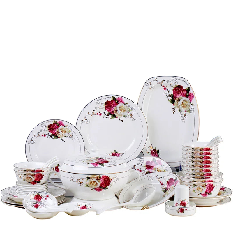 Western ceramic 56pcs Cookware Equator Jungle Series Tableware Set Bone China Bowls and Plates Dinner set luxury plates