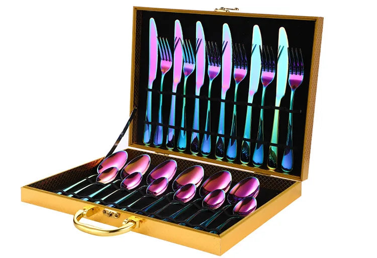 24 Piece stainless steel cutlery golden silverware flatware spoon and fork set for wedding