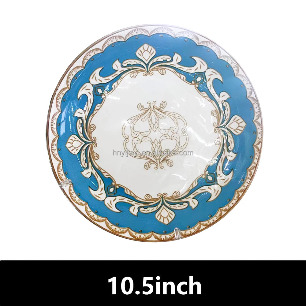 JIUWANG vintage ceramic porcelain  flower flatware 12inch 10inch 8inch blue fine bone china dinner plates for 12 people