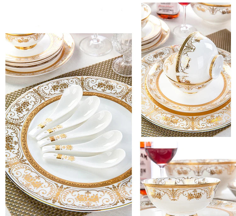 38 head embossed gold bone China tableware set hotel bowl plate plate European tableware set LOGO gift