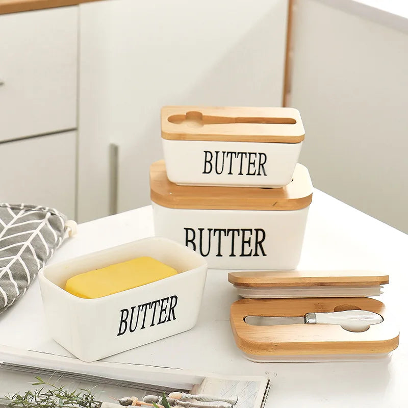 Hot Selling Rectangular Ceramic Sealed Jar Butter Box With Knife Set Kitchen Box Storage Ceramics