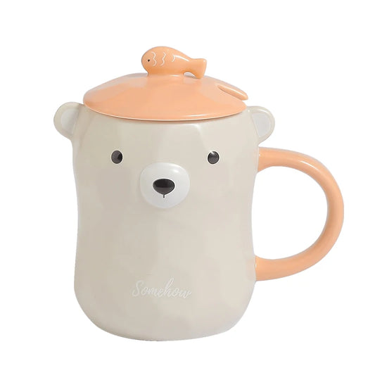 Cute Bear 3D Ceramic Mugs Creative Milk Coffee Tea Cup Unique Porcelain Mugs with Lid and Spoon