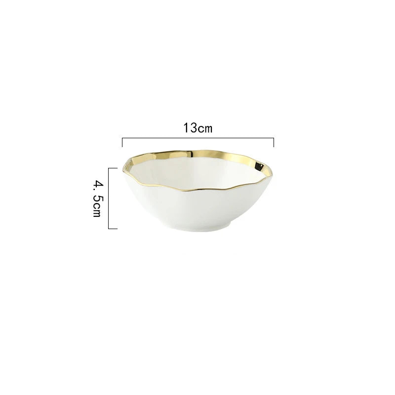 Gold and white Plate plated rim Ceramic Bowls Ceramic dinner Plates dishes dinnerware tray  in bulk 16 piece cafe tableware