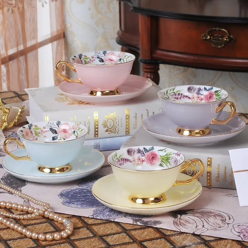 Ceramic coffee cup set European exquisite golden rim color glazed coffee cup and saucer afternoon tea cup