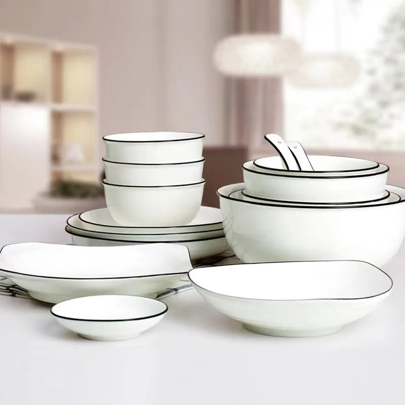 Wholesale nordic 8 inch simple ceramic set tableware white black edge high temperature microwave for ceramic plates