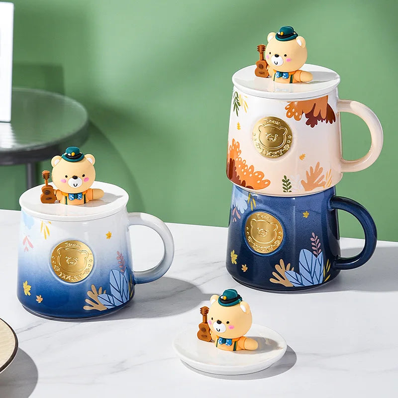 Ceramic Coffee Mug Cute Fun Cartoon Animal Office Mug with Spoon Lid Student Home Breakfast Cup Couple Creative Water Cup