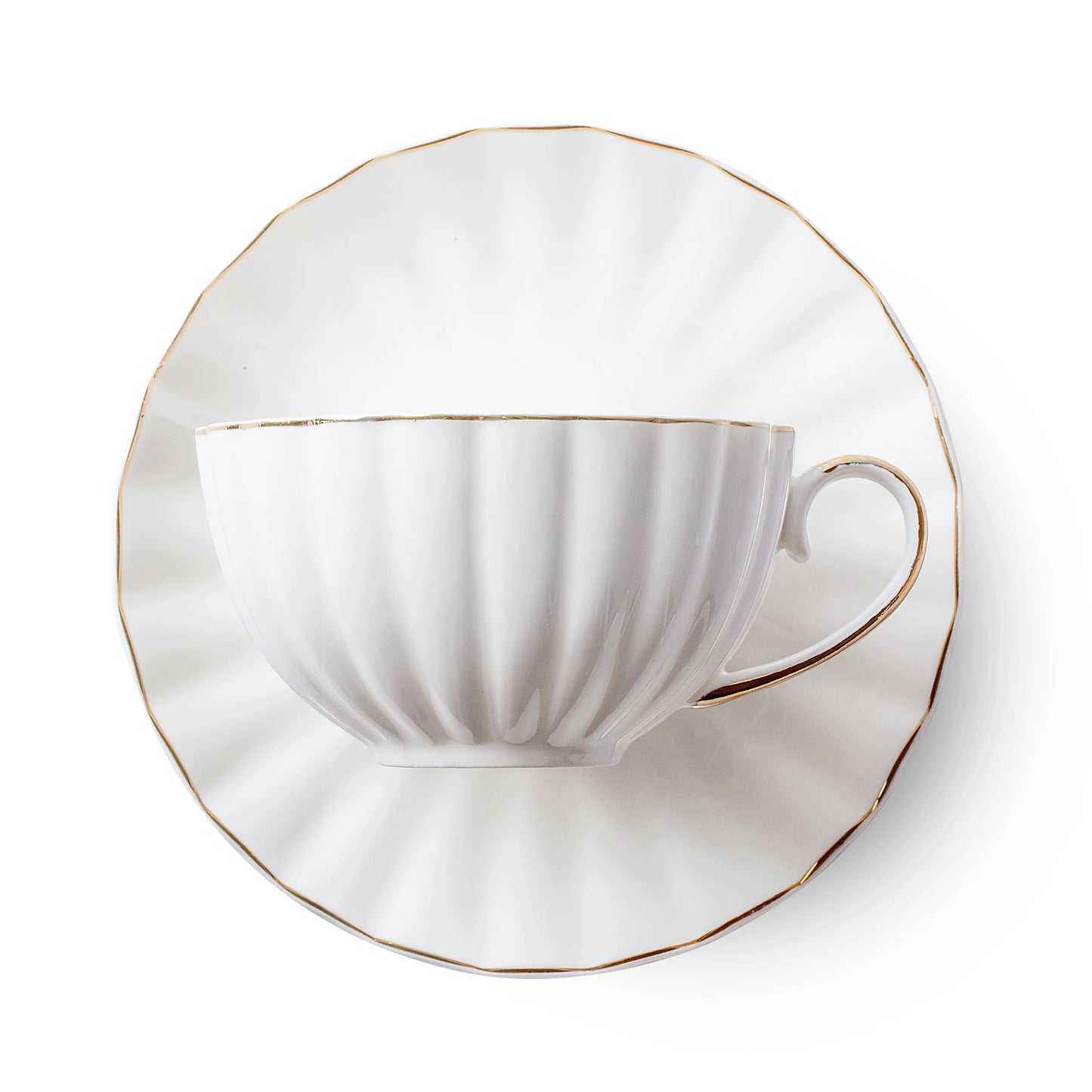 WHITE TEA CUP AND SAUCER WITH GOLD DETAIL