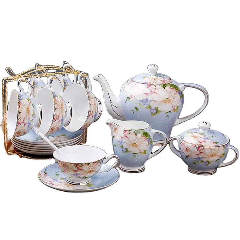 Bone china tea cup and saucer flower pot porcelain tea set of 6 cup and saucer for 6 people 15pcs with milk jug and sugar bowl