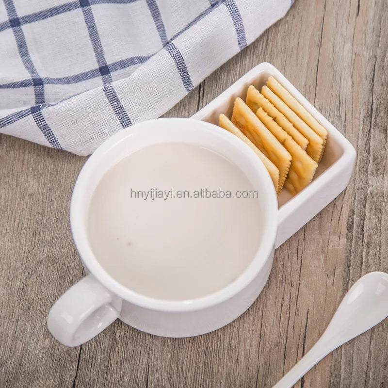 JIUWANG Custom Logo 250ML Ceramic Biscuits Mugs White Coffee Tea Milk Dessert Cup Side Cookie Pockets Mug