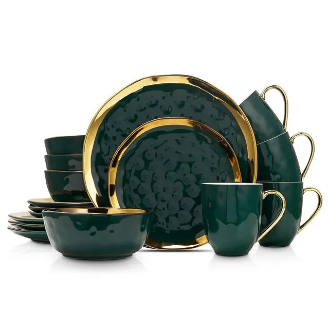 Ceramic 4 Piece Breakfast Plate Set with Mug Stoneware Nordic Matte White Green Porcelain Dinnerware Set