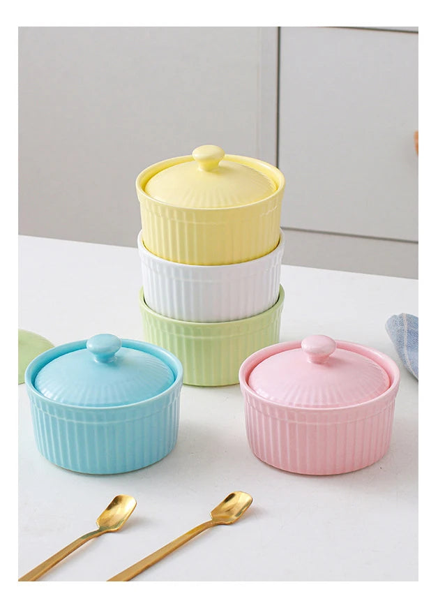 Ceramic Covered Souffle Cake Bowl With Lid Dishes Custard Pudding Cup Porcelain Ramekin For Baking Appliances