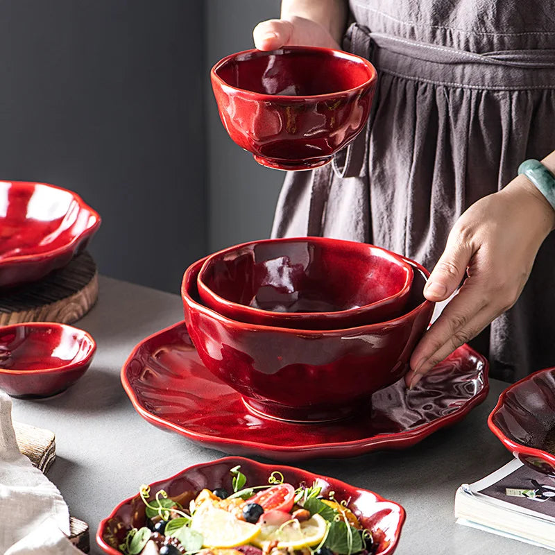 Japanese Ceramic Tableware Dinner Plate Red Plate Porcelain Dinnerware Sets