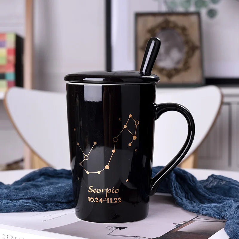 Glitter Constellation Ceramic Mug With Gold Handle Zodiac Coffee Mug with lid and spoon