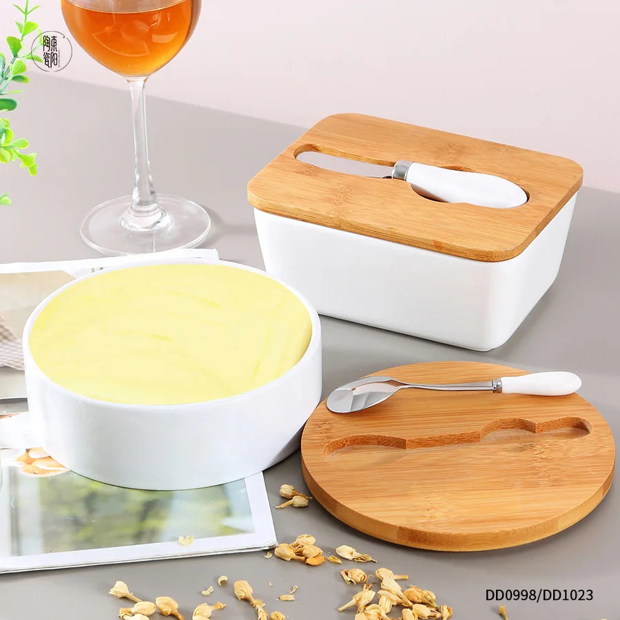 Ceramic Butter Dish with Bamboo Lid And Knife Butter Keeper Container For Customize butter dish with lid solid cheese container