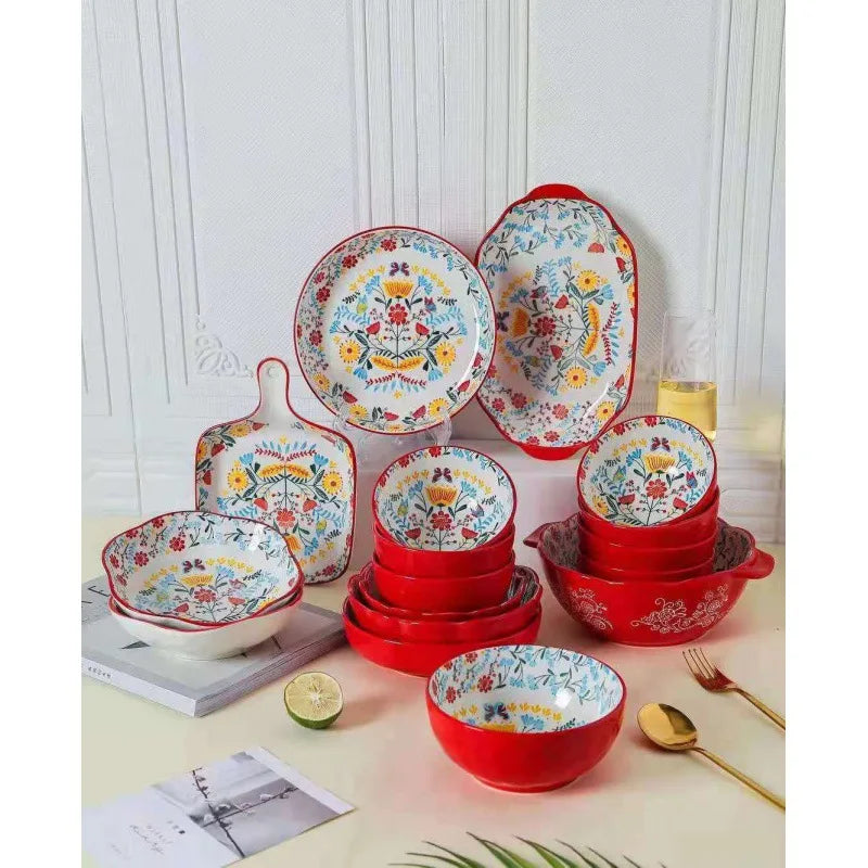 16 pieces set Factory wholesale Bohemian Morocco Hawaiian style ceramic plate household round dumpling plate