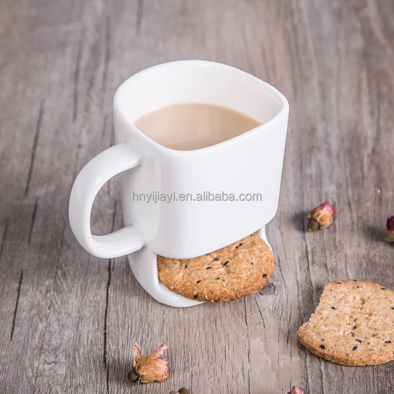 JIUWANG Custom Logo 250ML Ceramic Biscuits Mugs White Coffee Tea Milk Dessert Cup Side Cookie Pockets Mug