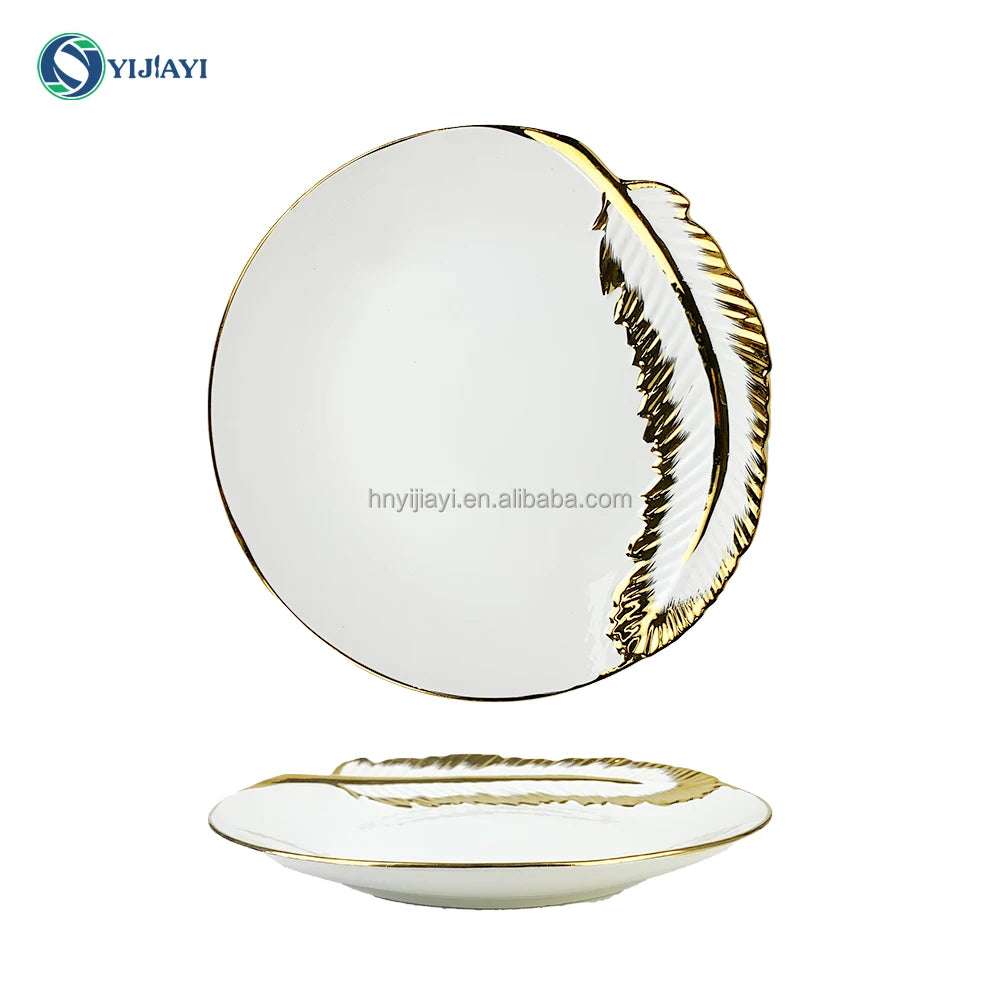 JiuWang Gold and white Plate plated rim Ceramic Bowls Ceramic Plates dinnerware tray  in bulk stock