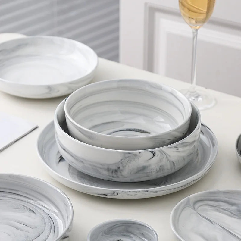 Europe Contracted Ceramic Plate Marble Tableware Luxury Bone China Dinner Set Dinnerware