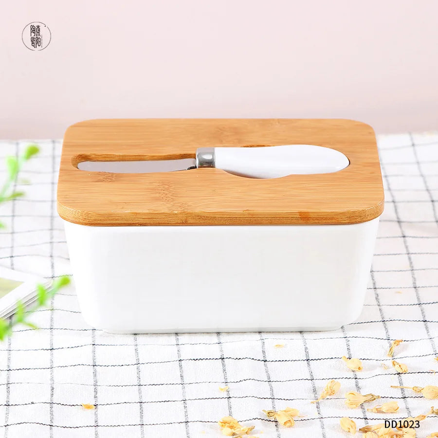 Lanfengye Ceramic Butter Dish with Bamboo Lid And Knife Butter Keeper Container For Customize