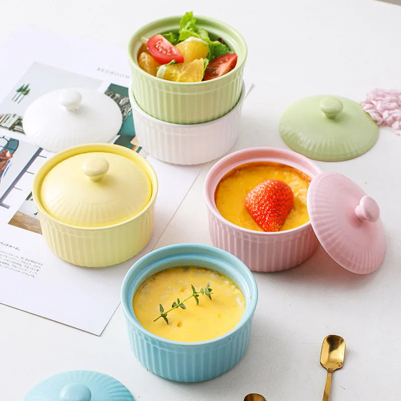 Ceramic Covered Souffle Cake Bowl With Lid Dishes Custard Pudding Cup Porcelain Ramekin For Baking Appliances