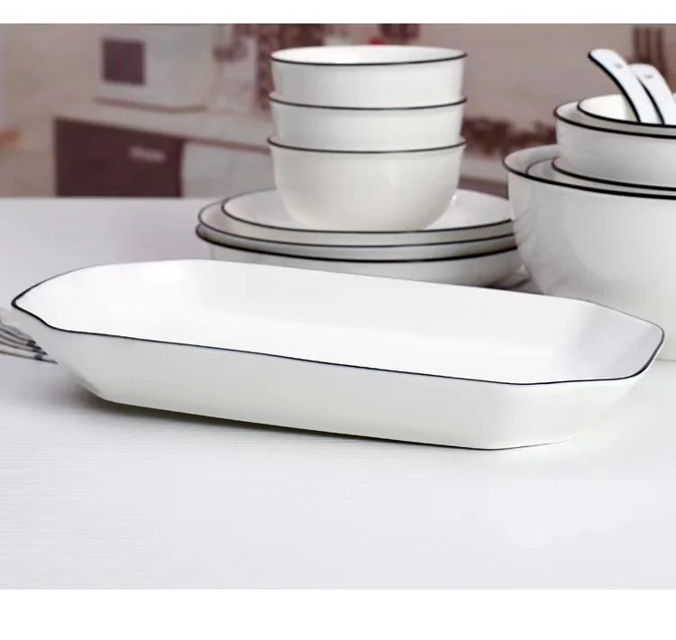 Wholesale nordic 8 inch simple ceramic set tableware white black edge high temperature microwave for ceramic plates