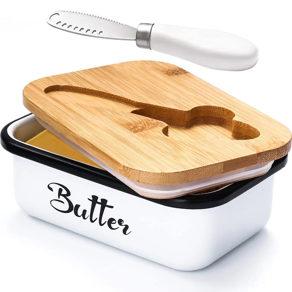 JIUWANG Cow Butter Dish with Knife Farmhouse Covered Butter Holder Fits Two Sticks of Butter