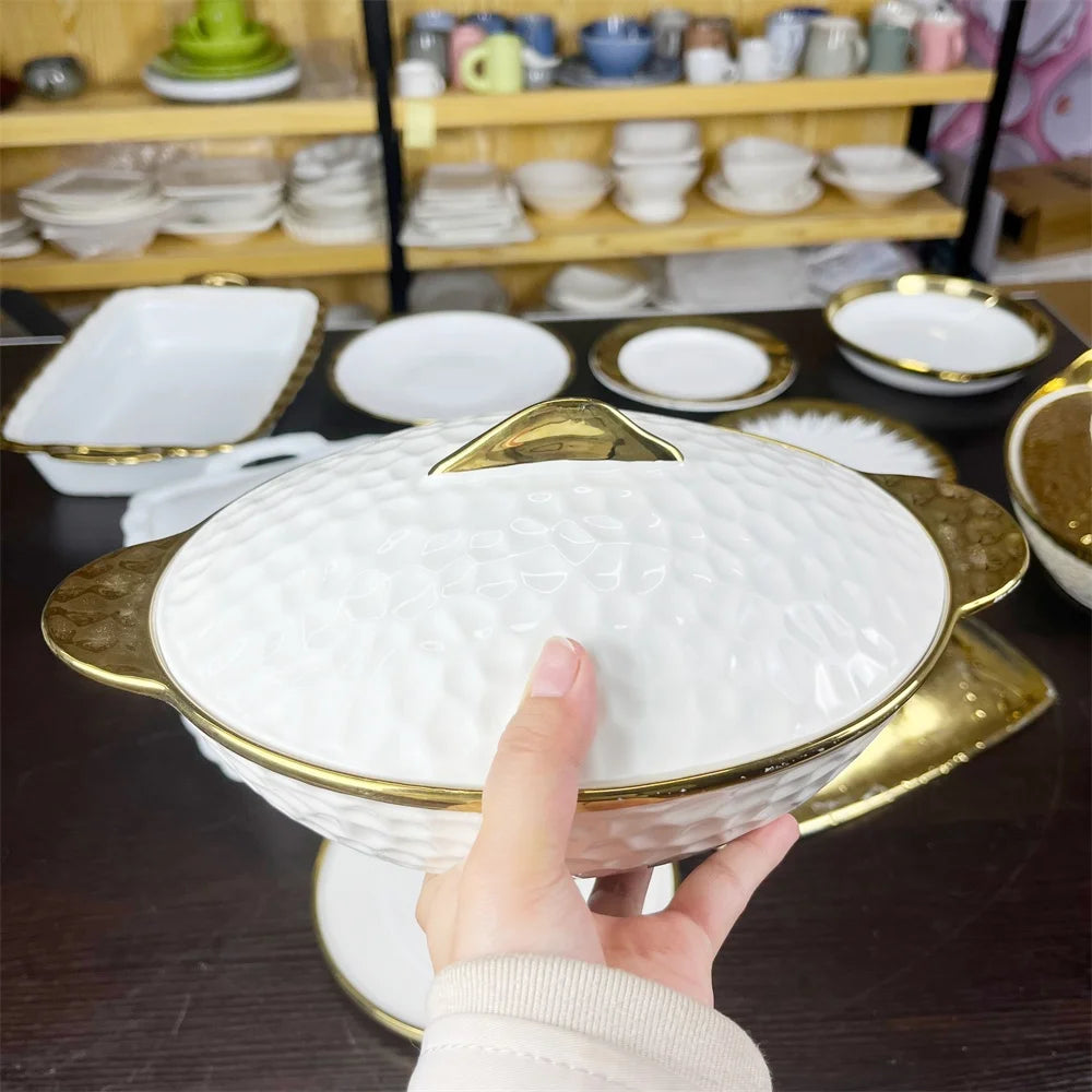 JIUWANG guangzhou gold-plated ceramic porcelain casserole dish with lid Set soup pot rose gold with lib