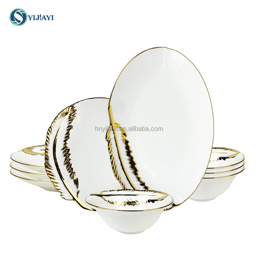 JiuWang Gold and white Plate plated rim Ceramic Bowls Ceramic Plates dinnerware tray  in bulk stock