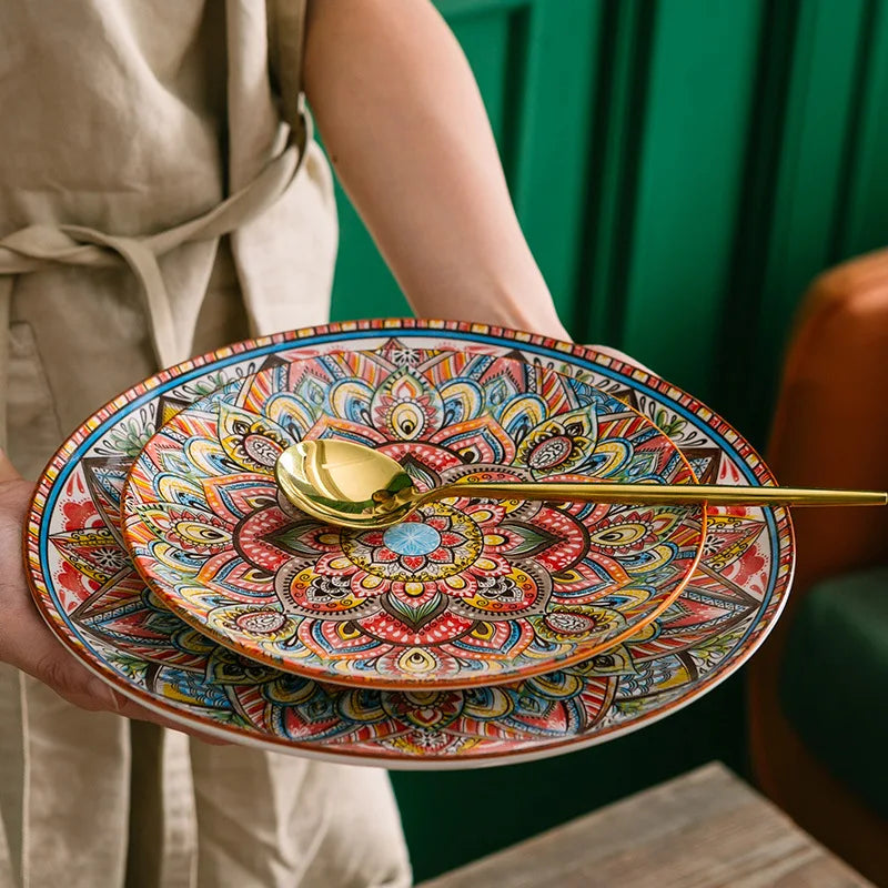 2022 hot selling ceramic plate Bohemian style new design ceramic serving plate8 inch /10 inch party plate sets