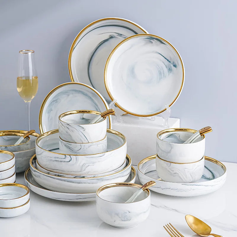 wholesale Plates and Bowls Sets for 4, Gold Dinnerware Sets, 12 Piece Marble Porcelain Round Stoneware Dinner Dish Sets