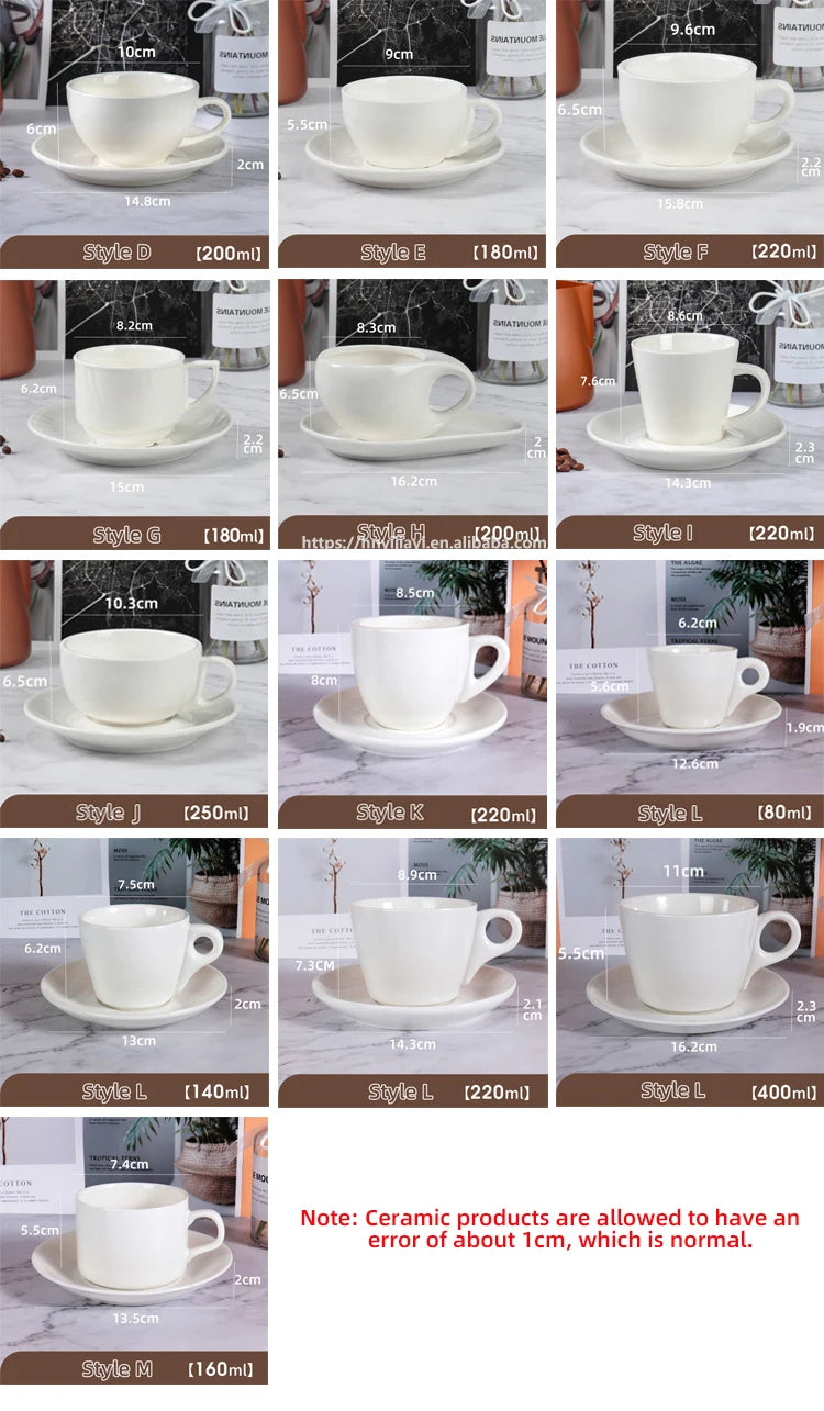 custom 150 ml 100ml 300ml 400ml 200ml  logo plain white ceramic cup and saucer set bone china