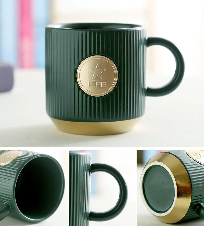 Green Striped Ceramic Coffee Mug with Copper Sheet Bronze Seal Mug Custom Logo